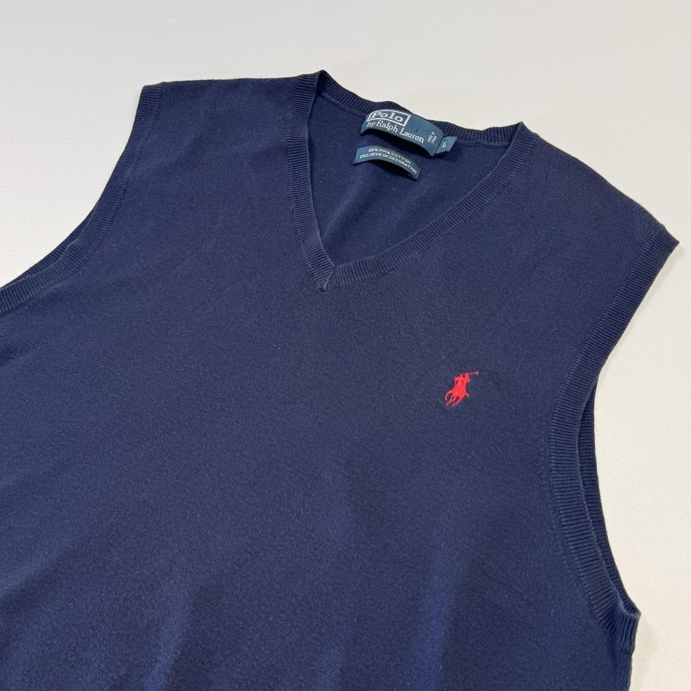 Polo Ralph Lauren Sweater Vest Mens Large Blue Pima Cotton V Neck Knit Pony Logo